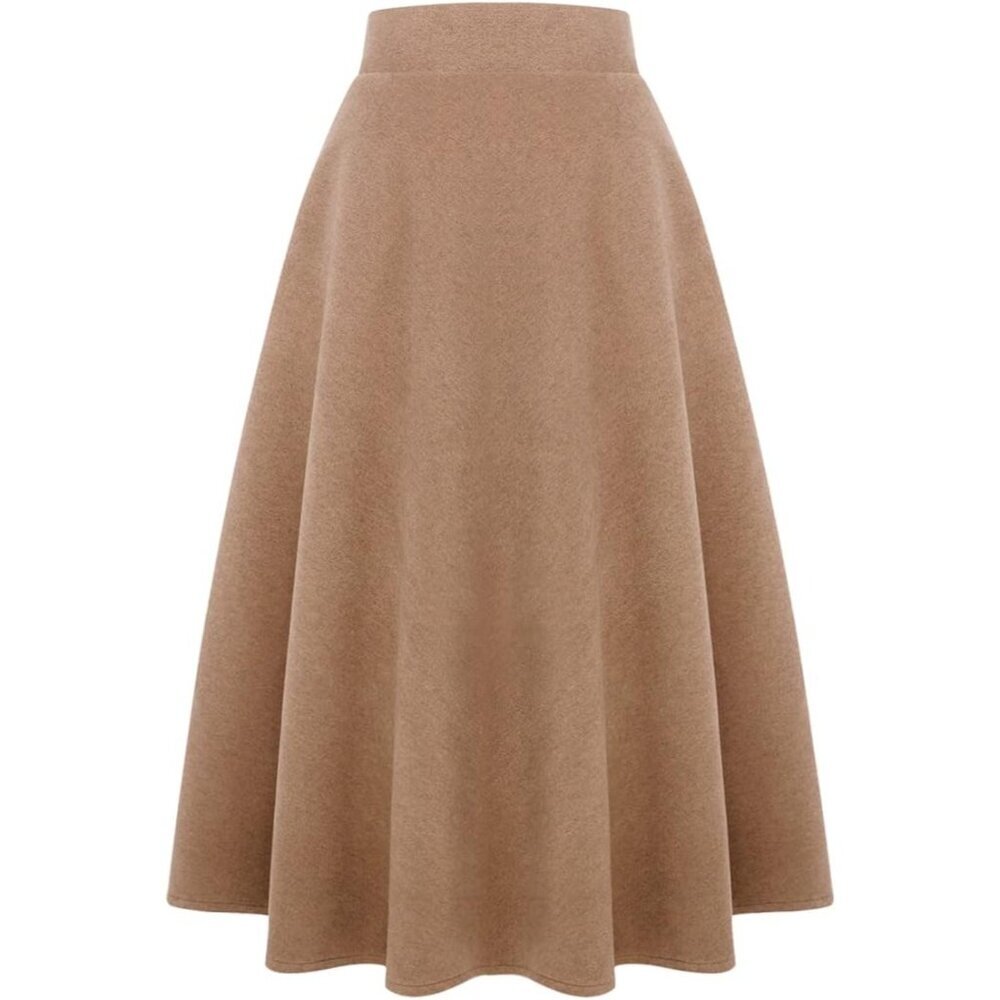 Womens LongPure Camel Elastic Waist A-Line Pleated Tartan Long Plaid Wool Skirts